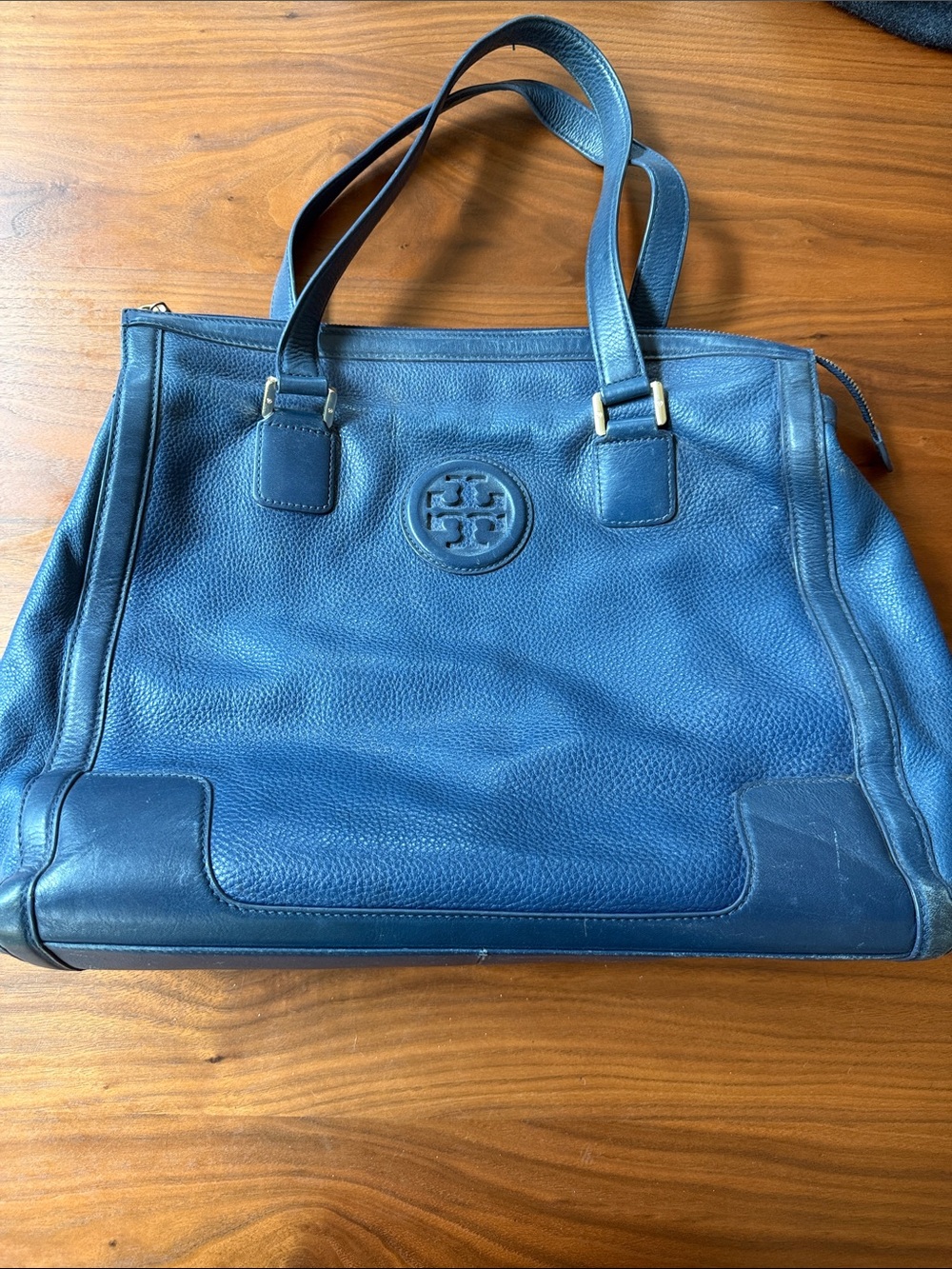 Tory Burch Blue Pebbled Leather Tote with Logo Medallion
